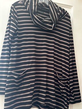 VENUS Black and Taupe Striped Cowl-Neck Top